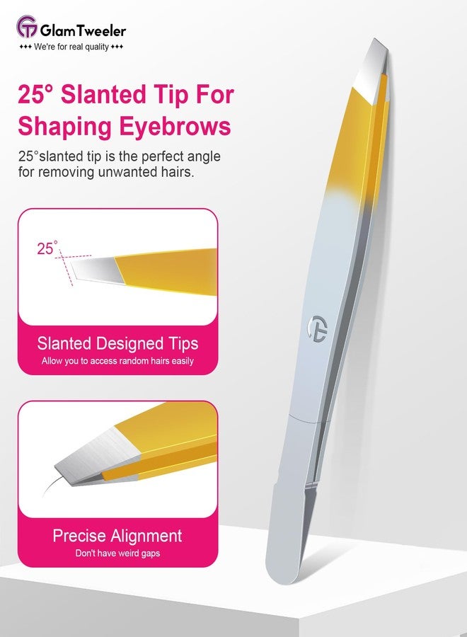 GlamTweeler ملقط G-01 الحصري ذو الطرف المائل، ملقط GlamTweeler عالي الدقة لإزالة شعر الحواجب والوجه مع حقيبة تخزين وحمل جلدية (فضي وذهبي) - Image 4